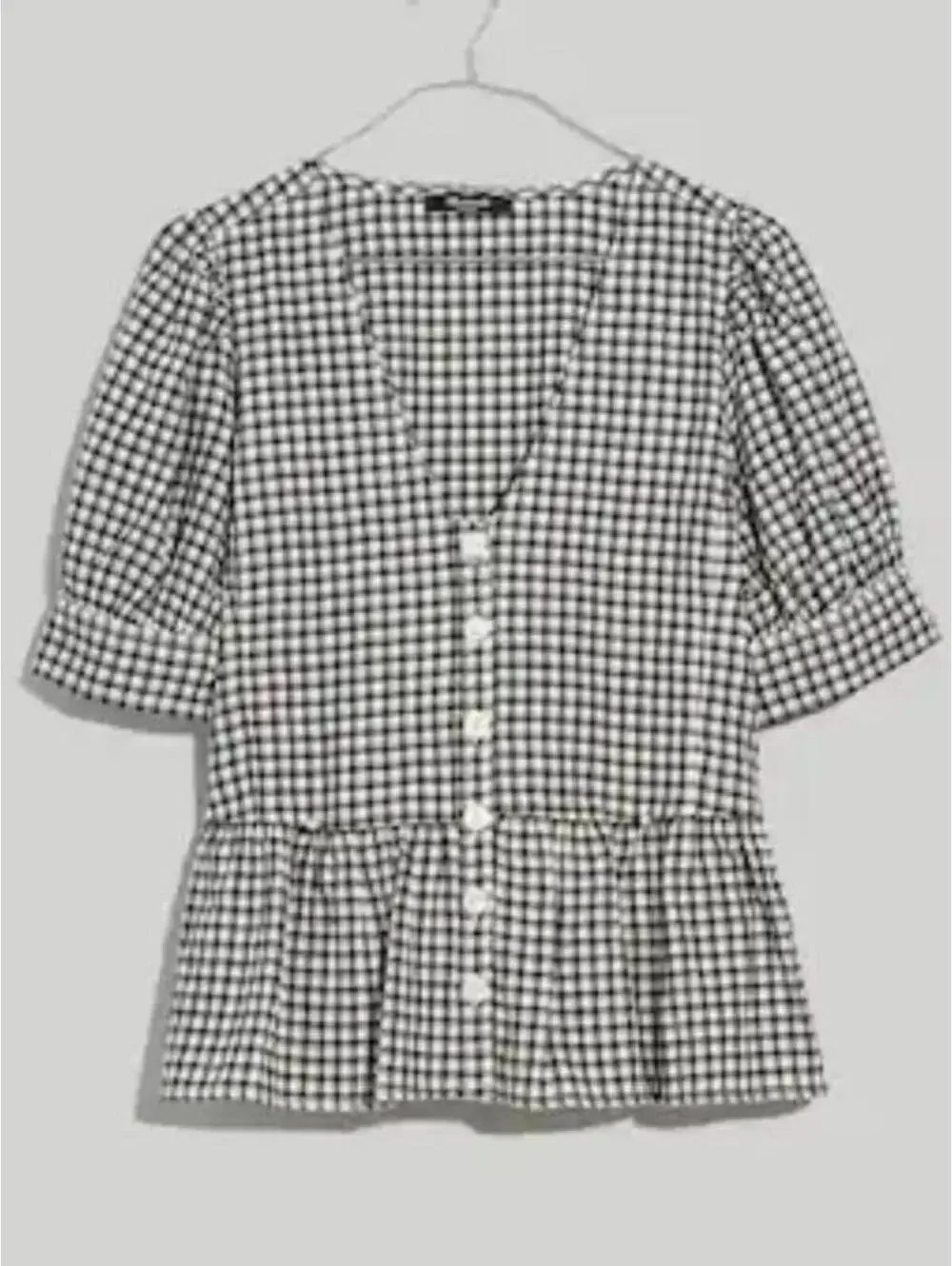 Madewell Black White Gingham Peplum Top Puff Sleeve Cottagecore XXS NWT